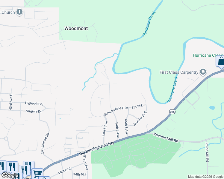 map of restaurants, bars, coffee shops, grocery stores, and more near 525 54th Avenue East in Tuscaloosa