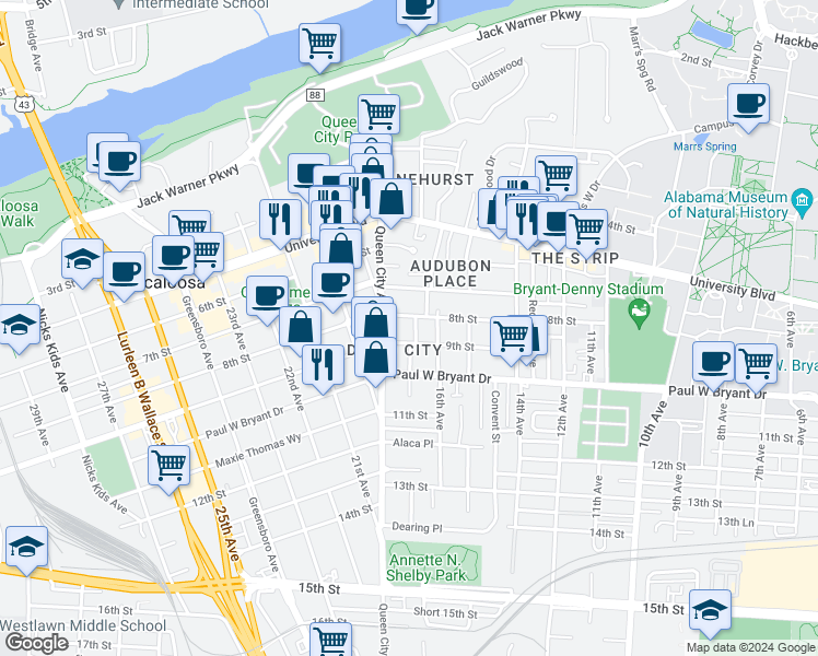 map of restaurants, bars, coffee shops, grocery stores, and more near 812 17th Avenue in Tuscaloosa