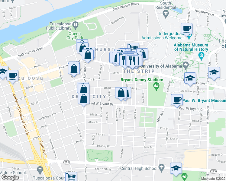 map of restaurants, bars, coffee shops, grocery stores, and more near 1419 8th Street in Tuscaloosa