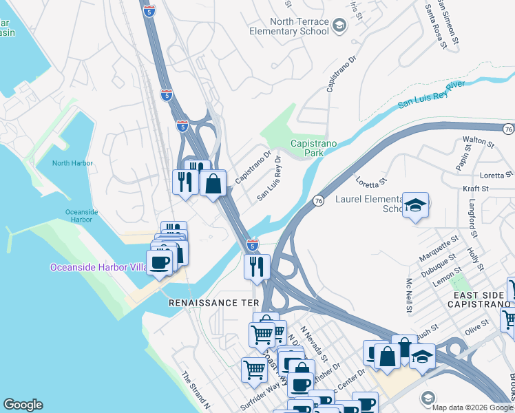 map of restaurants, bars, coffee shops, grocery stores, and more near 603 San Luis Rey Drive in Oceanside