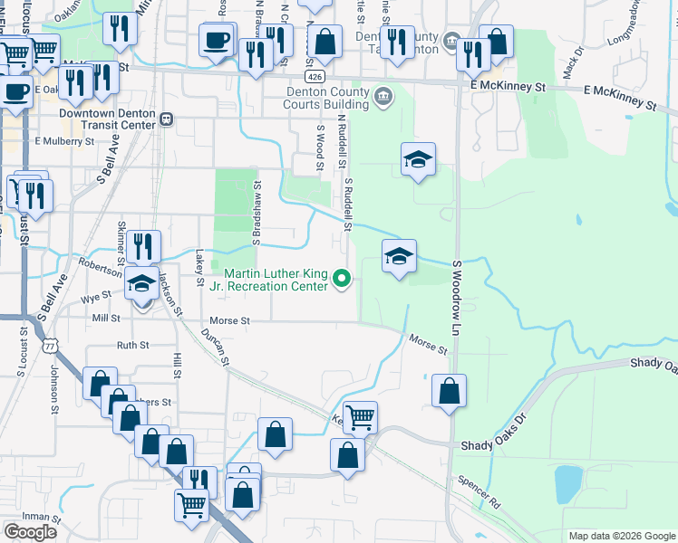 map of restaurants, bars, coffee shops, grocery stores, and more near 1225 Wilson Street in Denton