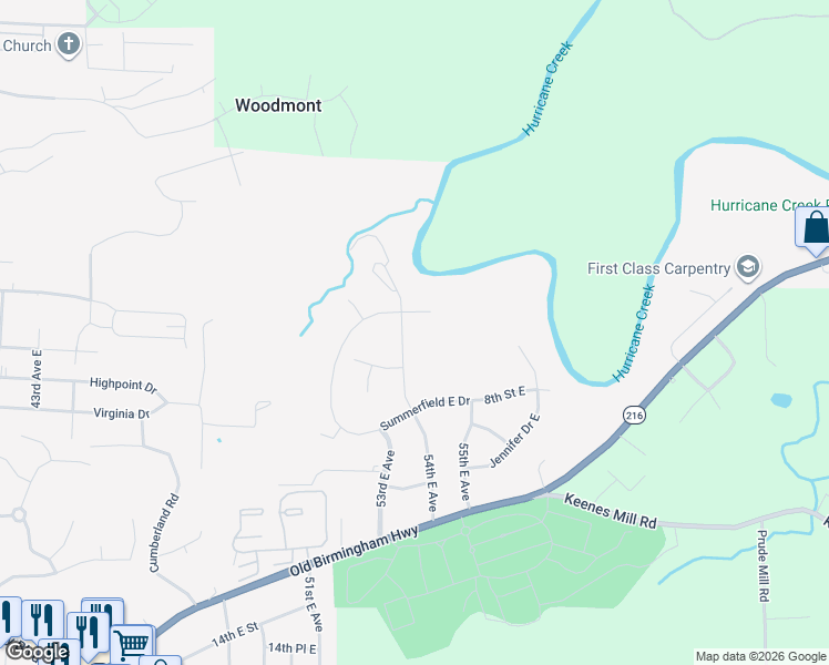 map of restaurants, bars, coffee shops, grocery stores, and more near 525 54th Avenue East in Tuscaloosa