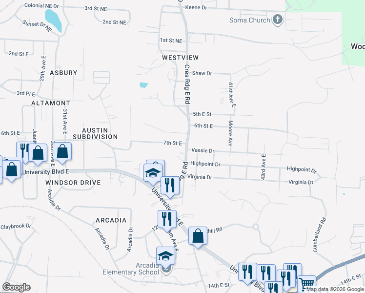 map of restaurants, bars, coffee shops, grocery stores, and more near 3733-3799 7th Street East in Tuscaloosa