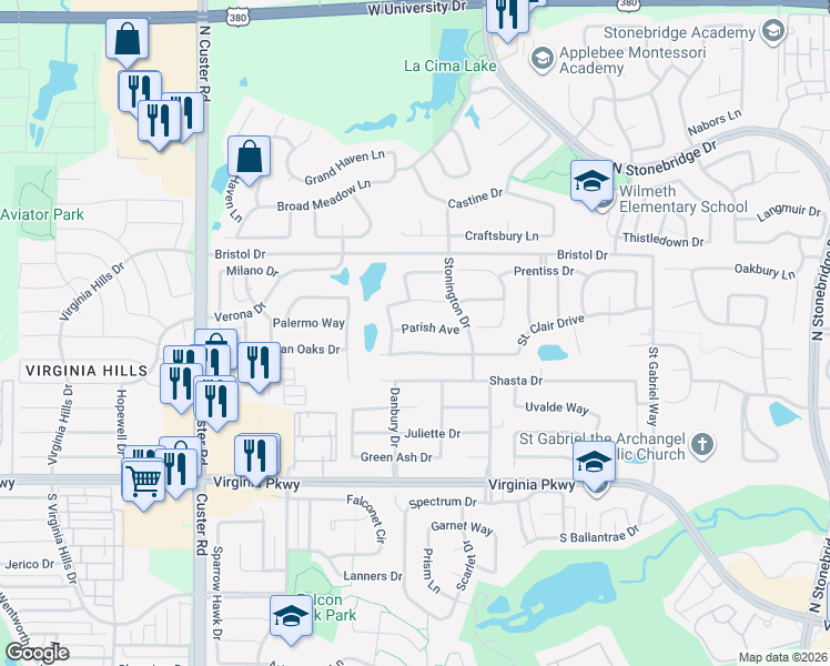 map of restaurants, bars, coffee shops, grocery stores, and more near 8333 Parish Avenue in McKinney