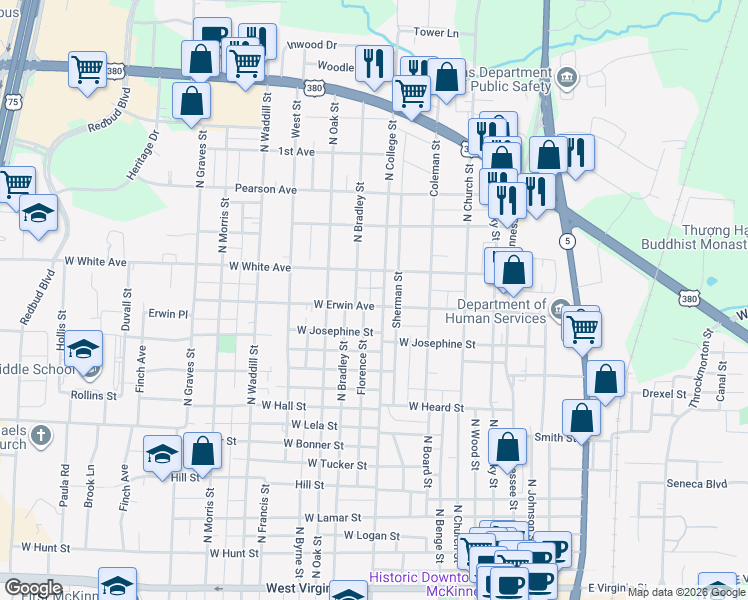 map of restaurants, bars, coffee shops, grocery stores, and more near 1305 North College Street in McKinney