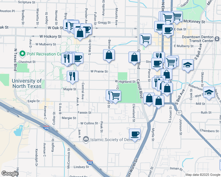 map of restaurants, bars, coffee shops, grocery stores, and more near 626 Bernard Street in Denton