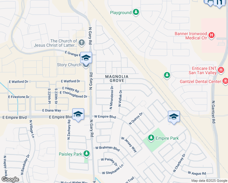 map of restaurants, bars, coffee shops, grocery stores, and more near 36243 North Mirandesa Drive in San Tan Valley