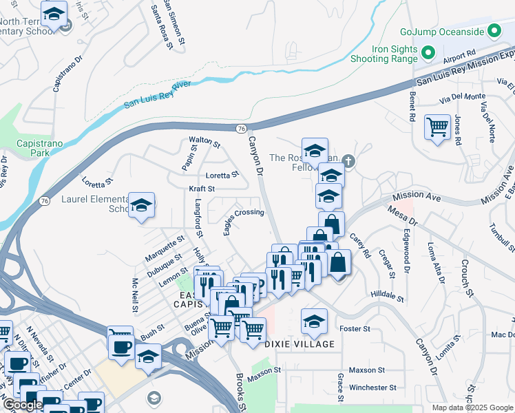 map of restaurants, bars, coffee shops, grocery stores, and more near 585 Lands End Way in Oceanside