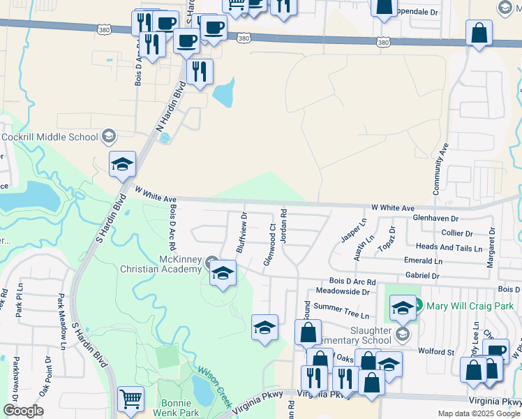 map of restaurants, bars, coffee shops, grocery stores, and more near 3408 Canyon View Court in McKinney