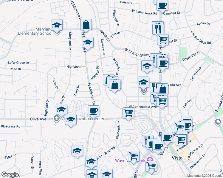 map of restaurants, bars, coffee shops, grocery stores, and more near 520 West California Avenue in Vista