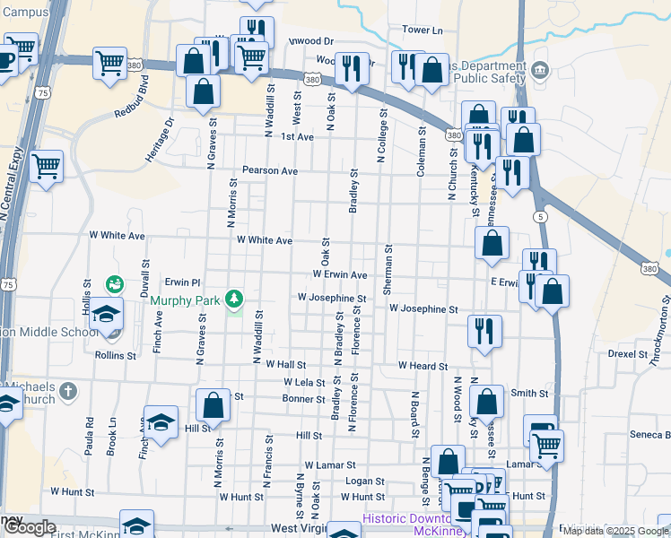 map of restaurants, bars, coffee shops, grocery stores, and more near 902 West Erwin Avenue in McKinney