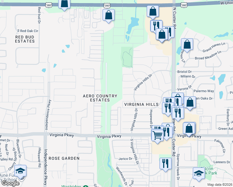 map of restaurants, bars, coffee shops, grocery stores, and more near 9324 Manassas Ridge in McKinney