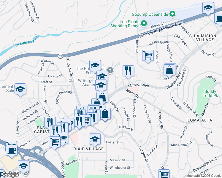 map of restaurants, bars, coffee shops, grocery stores, and more near 700 Carey Road in Oceanside