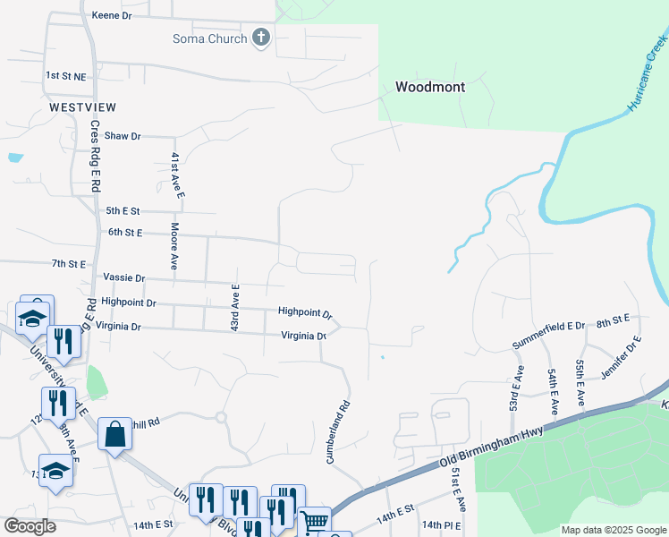 map of restaurants, bars, coffee shops, grocery stores, and more near 4644 7th Street East in Tuscaloosa