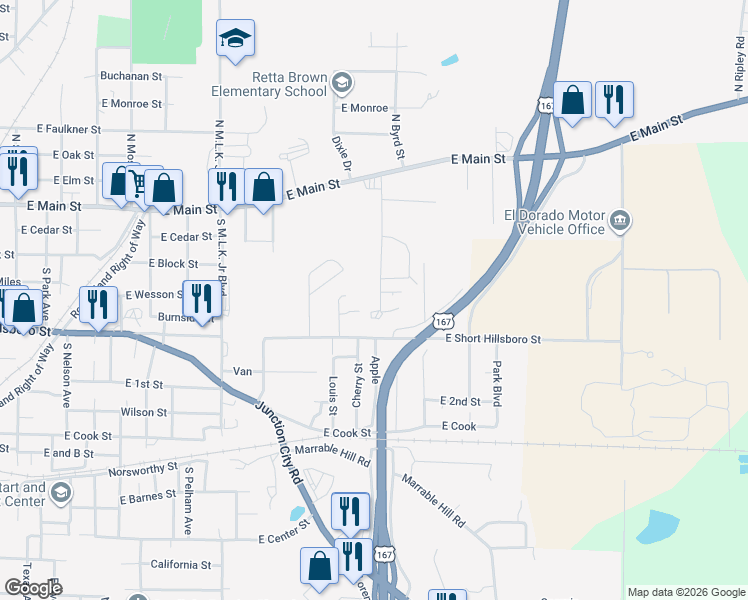 map of restaurants, bars, coffee shops, grocery stores, and more near 502 Hudson Street in El Dorado
