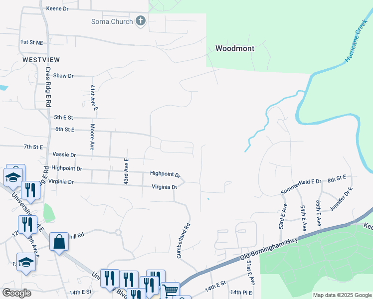 map of restaurants, bars, coffee shops, grocery stores, and more near 4644 7th Street East in Tuscaloosa