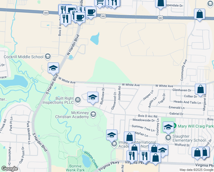 map of restaurants, bars, coffee shops, grocery stores, and more near 3412 Canyon View Court in McKinney