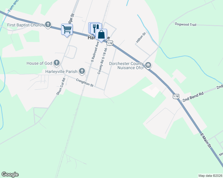 map of restaurants, bars, coffee shops, grocery stores, and more near 197 County Road S-18-321 in Harleyville