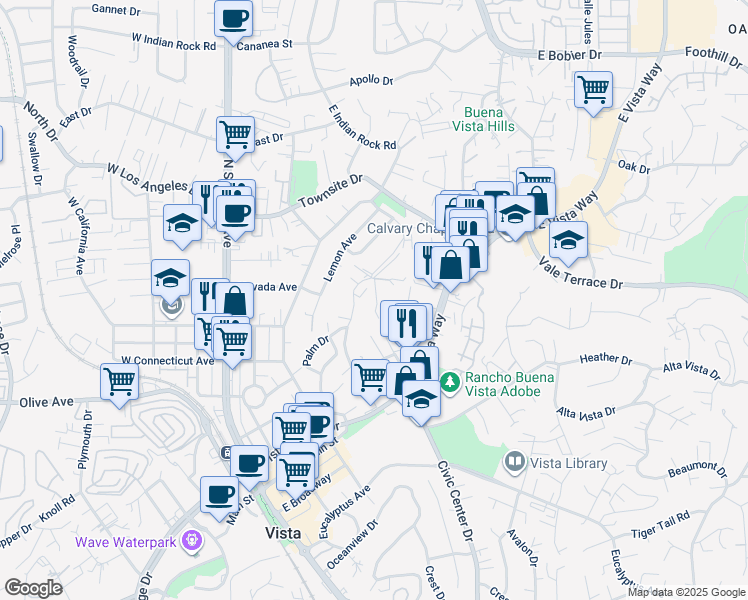 map of restaurants, bars, coffee shops, grocery stores, and more near 328 Hillside Court in Vista