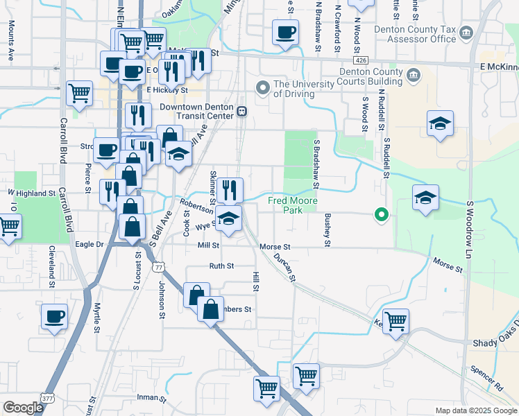 map of restaurants, bars, coffee shops, grocery stores, and more near 605 Wilson Street in Denton