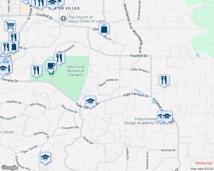 map of restaurants, bars, coffee shops, grocery stores, and more near 1643 Mesa Verde Drive in Vista