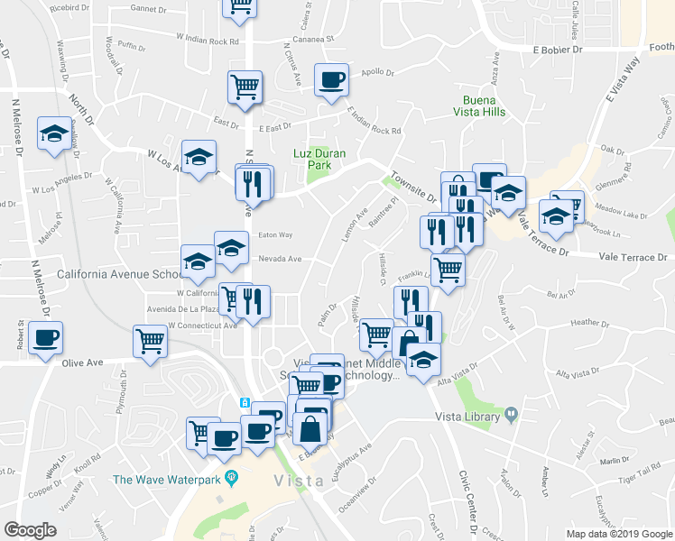 map of restaurants, bars, coffee shops, grocery stores, and more near 634 Hillside Terrace in Vista