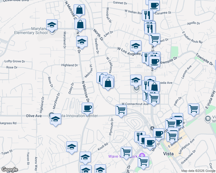 map of restaurants, bars, coffee shops, grocery stores, and more near 520 West California Avenue in Vista