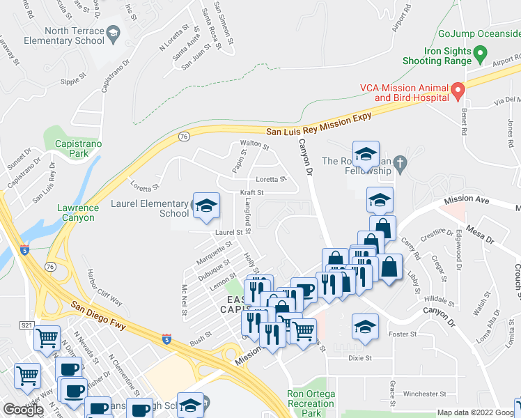 map of restaurants, bars, coffee shops, grocery stores, and more near 1232 Langford Street in Oceanside