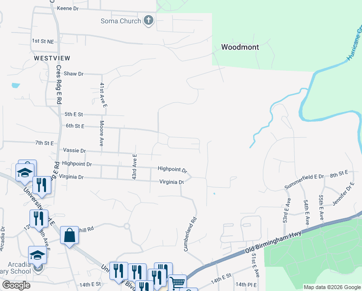 map of restaurants, bars, coffee shops, grocery stores, and more near 4644 7th Street East in Tuscaloosa