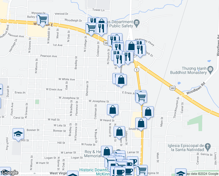 map of restaurants, bars, coffee shops, grocery stores, and more near 1008 North Church Street in McKinney