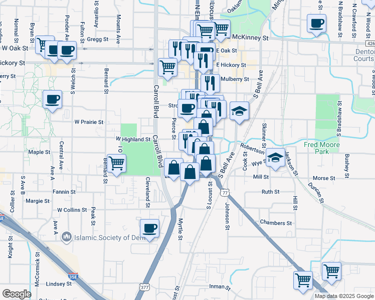 map of restaurants, bars, coffee shops, grocery stores, and more near 624a South Elm Street in Denton