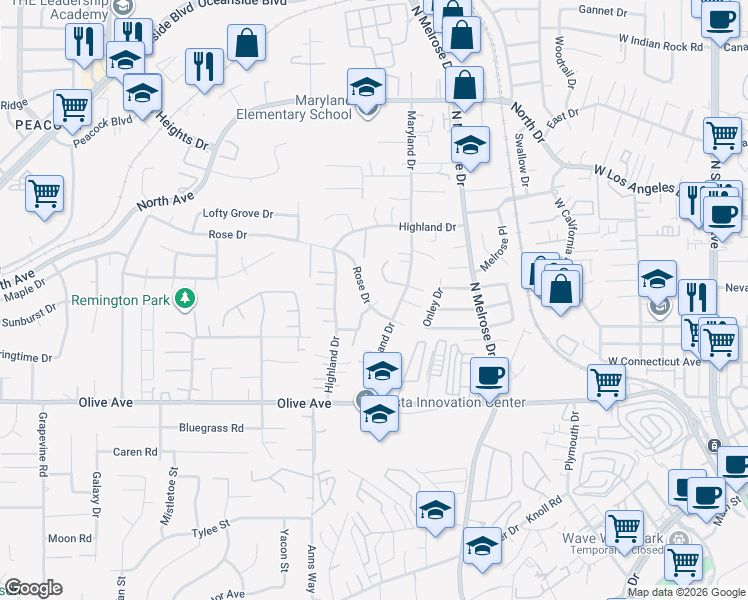 map of restaurants, bars, coffee shops, grocery stores, and more near 913 Rose Drive in Vista