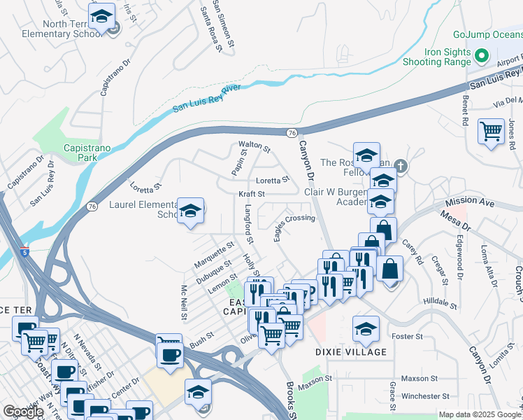 map of restaurants, bars, coffee shops, grocery stores, and more near 500 Lands End Way in Oceanside