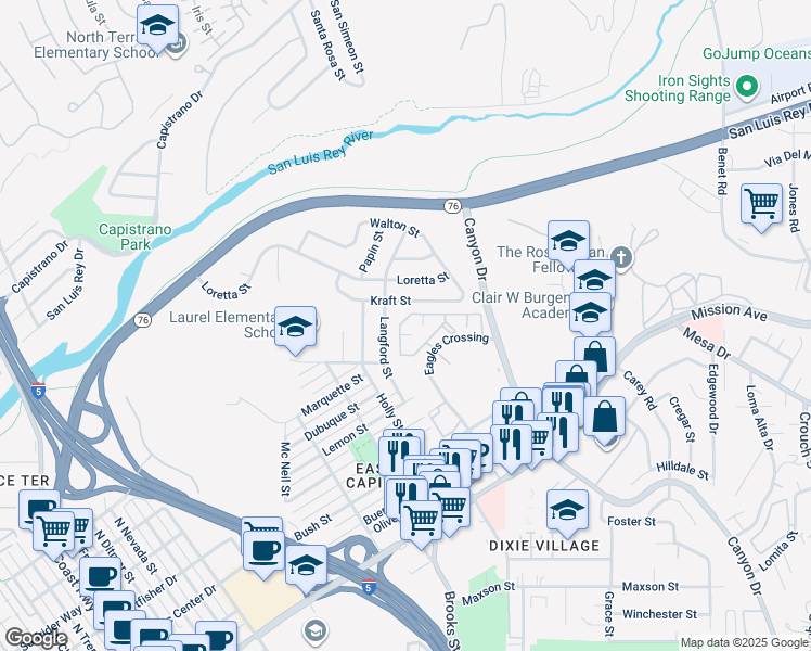 map of restaurants, bars, coffee shops, grocery stores, and more near 500 Lands End Way in Oceanside