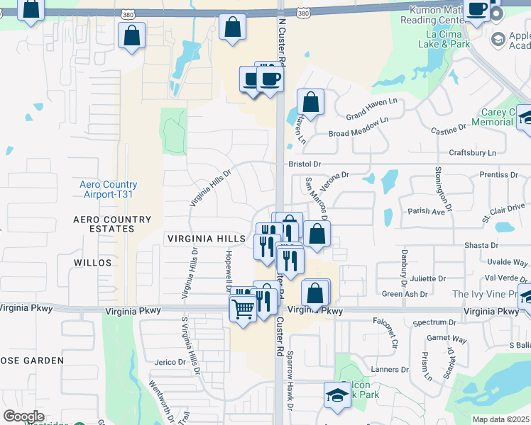 map of restaurants, bars, coffee shops, grocery stores, and more near 617 Newmarket Court in McKinney