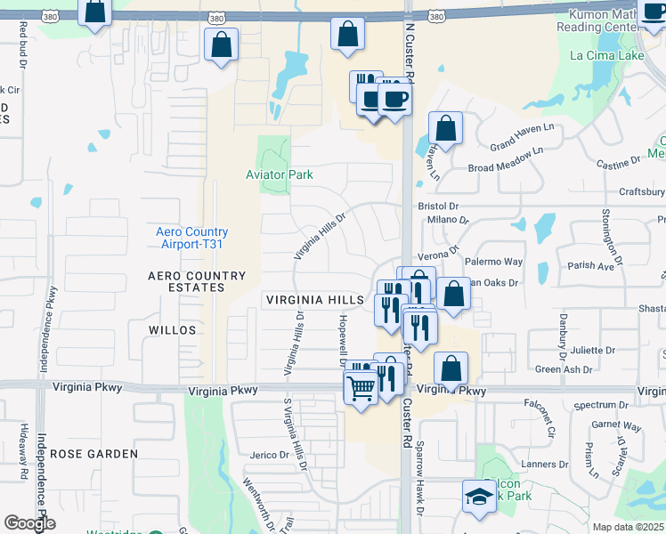 map of restaurants, bars, coffee shops, grocery stores, and more near 9136 Manassas Ridge in McKinney