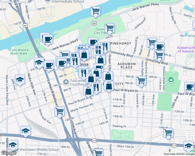 map of restaurants, bars, coffee shops, grocery stores, and more near 2036 8th Street in Tuscaloosa