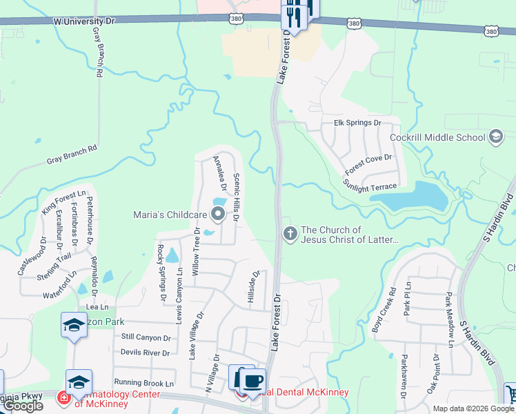 map of restaurants, bars, coffee shops, grocery stores, and more near 899 North Lake Forest Drive in McKinney