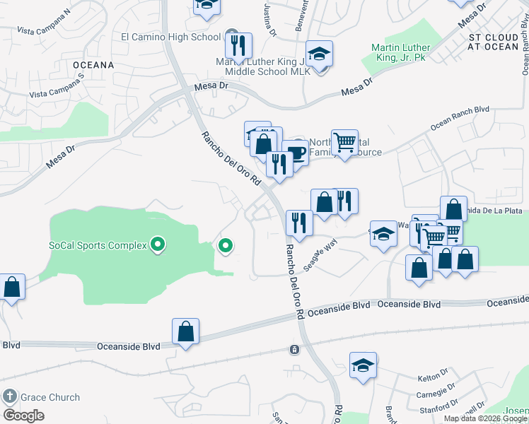 map of restaurants, bars, coffee shops, grocery stores, and more near 3523 Brody Way in Oceanside