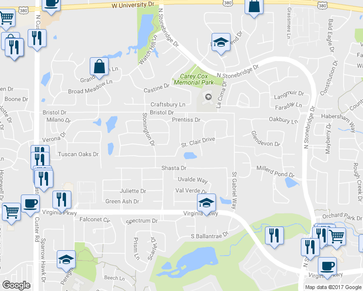 map of restaurants, bars, coffee shops, grocery stores, and more near 7717 Saint Clair Drive in McKinney