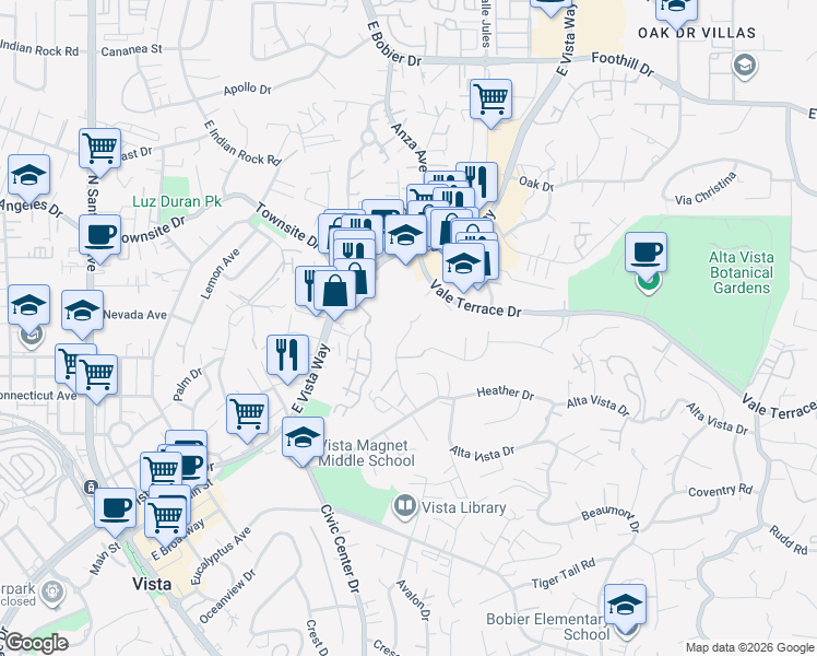 map of restaurants, bars, coffee shops, grocery stores, and more near 736 Bel Air Drive West in Vista
