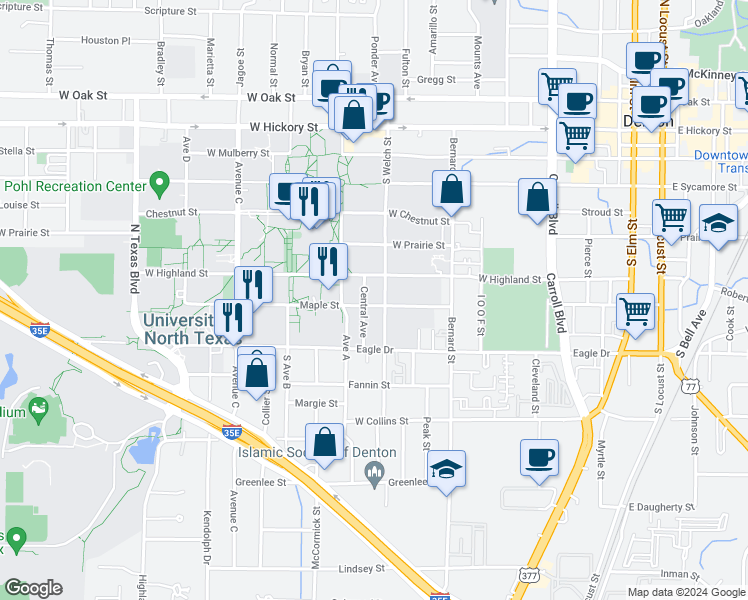 map of restaurants, bars, coffee shops, grocery stores, and more near 1112 Maple Street in Denton