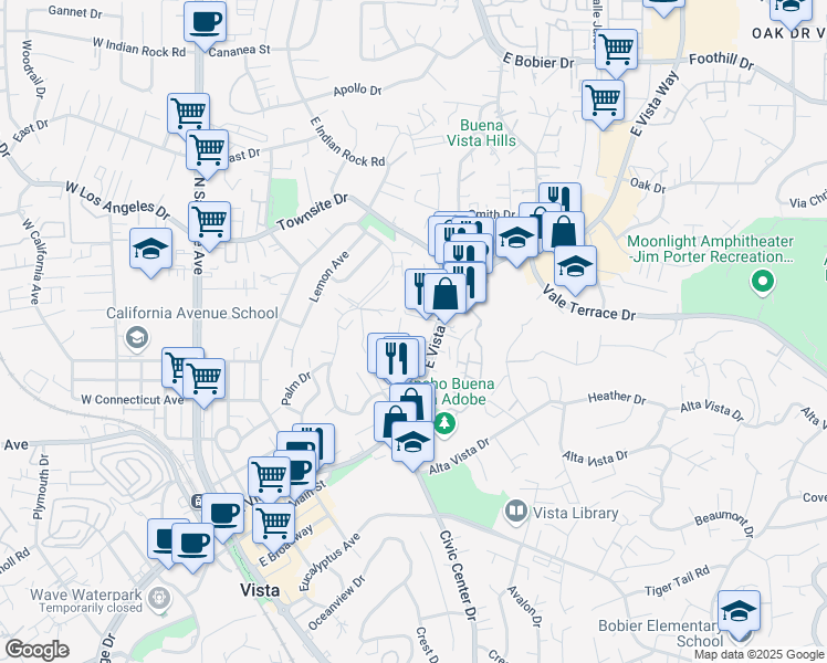 map of restaurants, bars, coffee shops, grocery stores, and more near 720A Franklin Lane in Vista