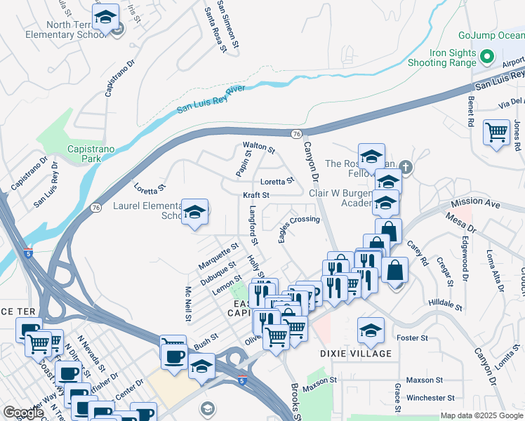 map of restaurants, bars, coffee shops, grocery stores, and more near 227 Lands End Way in Oceanside