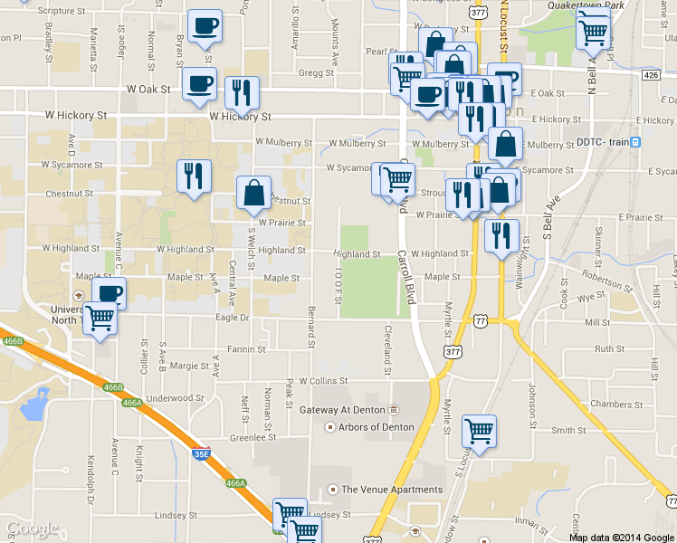map of restaurants, bars, coffee shops, grocery stores, and more near I O O F Street in Denton