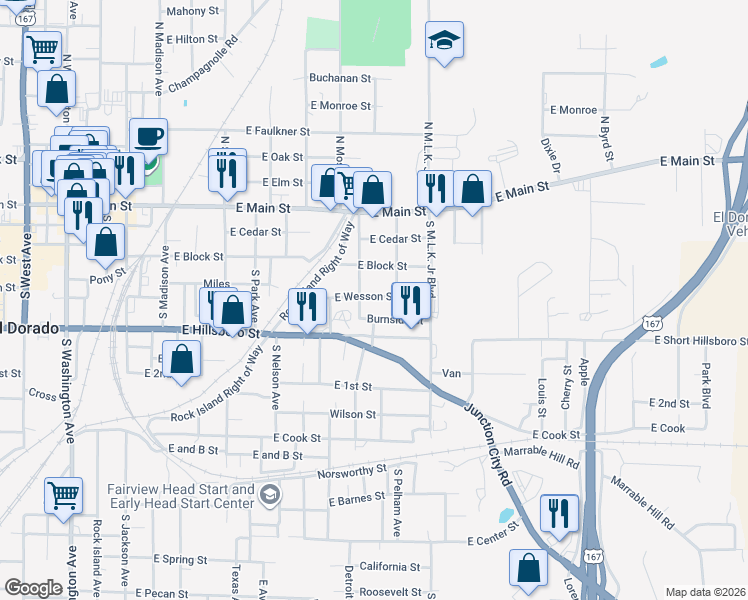 map of restaurants, bars, coffee shops, grocery stores, and more near 1209 East Wesson Street in El Dorado