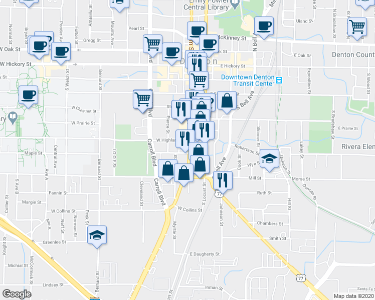 map of restaurants, bars, coffee shops, grocery stores, and more near 624a South Elm Street in Denton