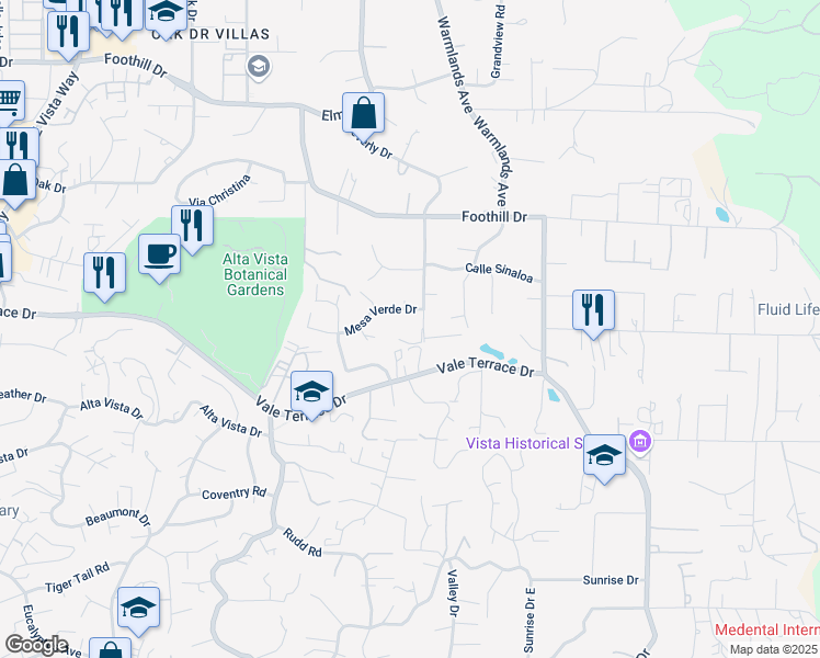 map of restaurants, bars, coffee shops, grocery stores, and more near 768 Beverly Dr in Vista