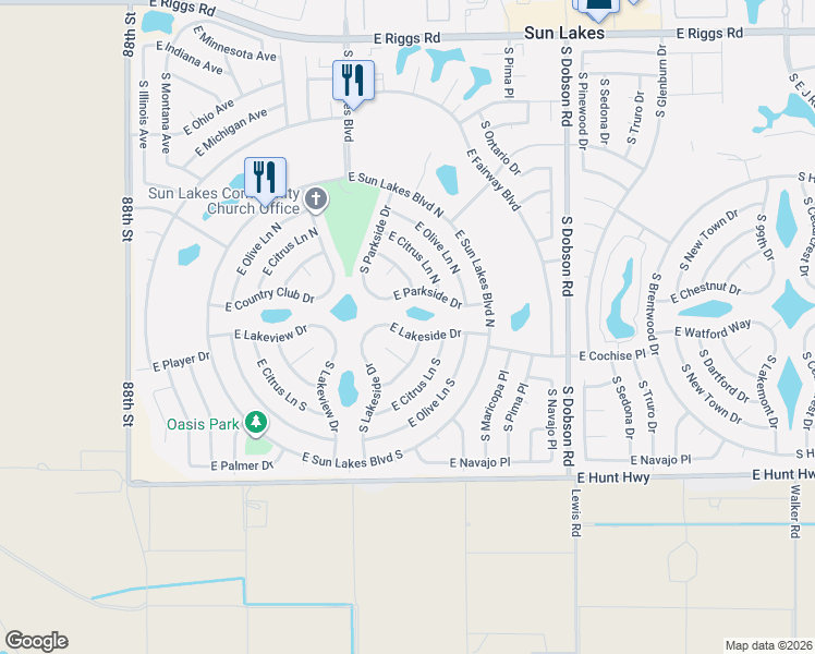 map of restaurants, bars, coffee shops, grocery stores, and more near 9308 East Lakeside Drive in Sun Lakes
