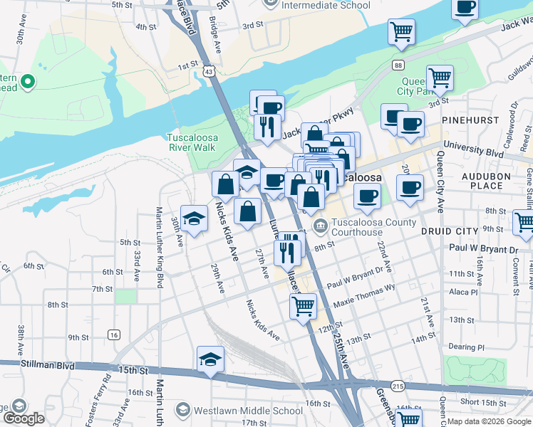 map of restaurants, bars, coffee shops, grocery stores, and more near 2613 University Blvd in Tuscaloosa
